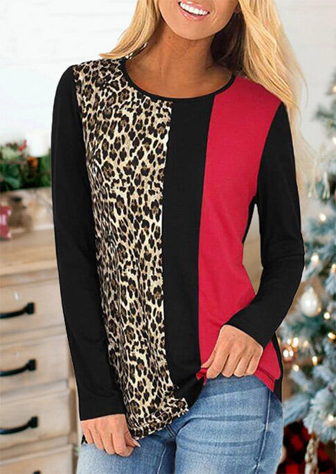 

Blouses Leopard Splicing Long Sleeve Casual Blouse in Multicolor. Size: ,L