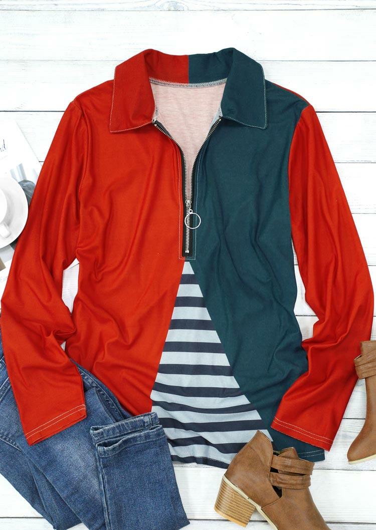 

Blouses Color Block Striped Splicing Zipper Long Sleeve Blouse in Multicolor. Size