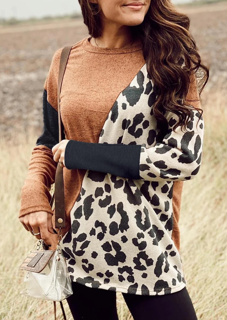

Blouses Leopard Splicing Color Block O-Neck Blouse in Multicolor. Size
