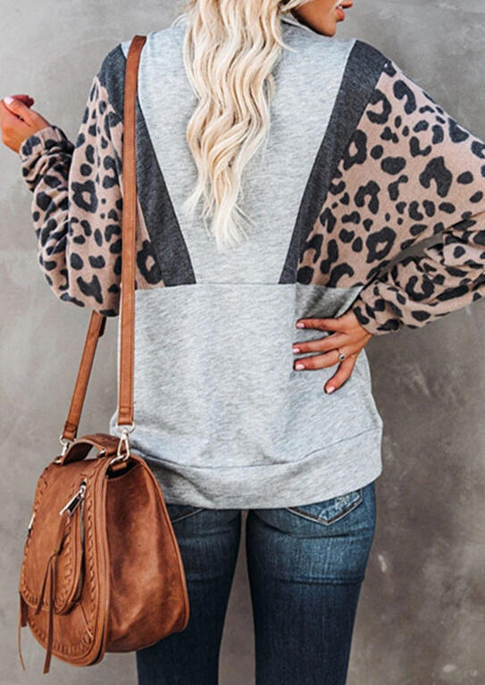 Sweatshirts Leopard Splicing Kangaroo Pocket Zipper Collar Sweatshirt in Gray. Size: L,XL