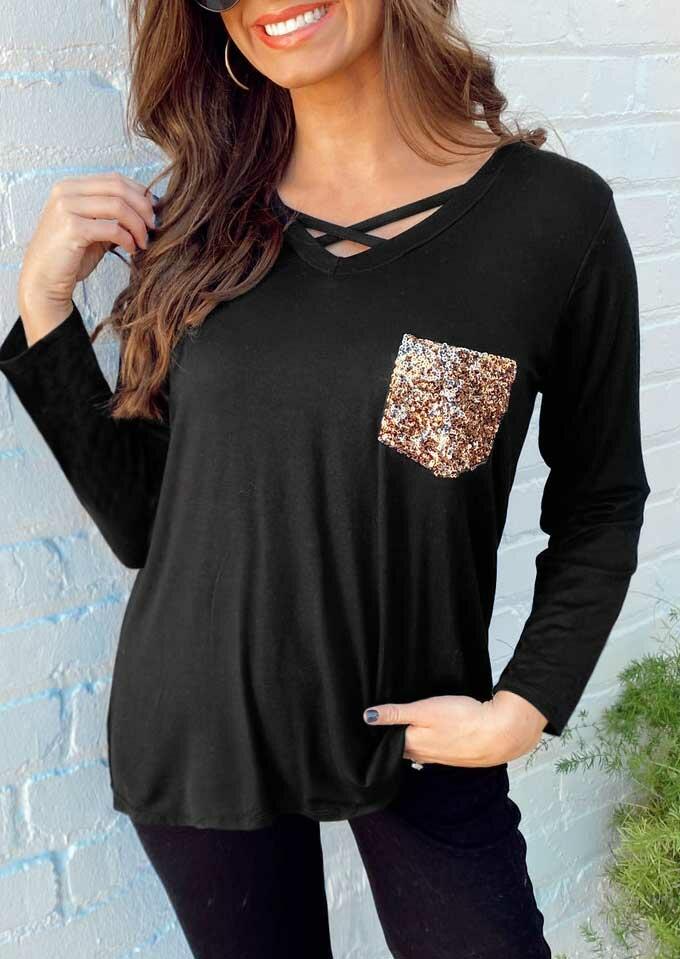 

Blouses Sequined Pocket Criss-Cross V-Neck Blouse in Black. Size