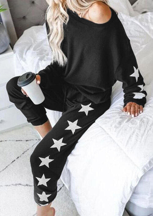 

Two-Piece Sets Star Long Sleeve O-Neck Blouse And Elastic Waist Pants Set in Black. Size