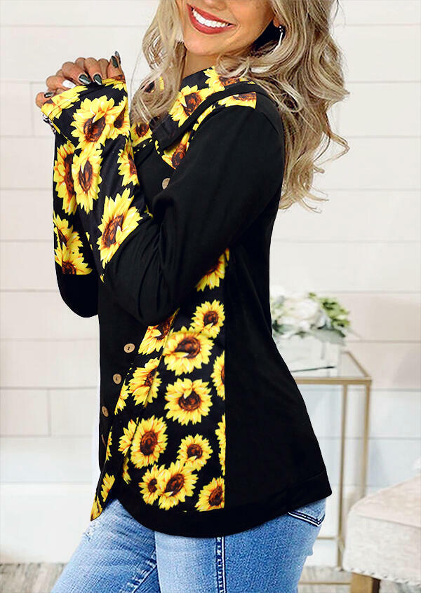 

Blouses Asymmetric Sunflower Button Splicing Long Sleeve Blouse in Black. Size: ,L