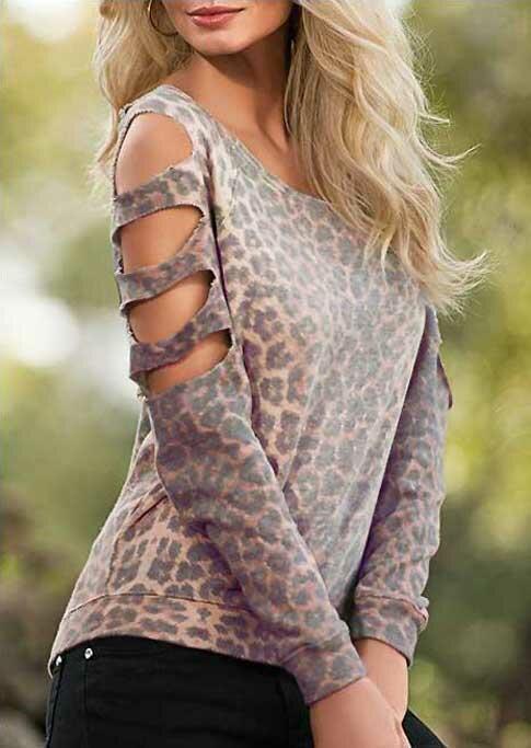 

Blouses Leopard Hollow Out Shoulder Long Sleeve Blouse in Leopard. Size