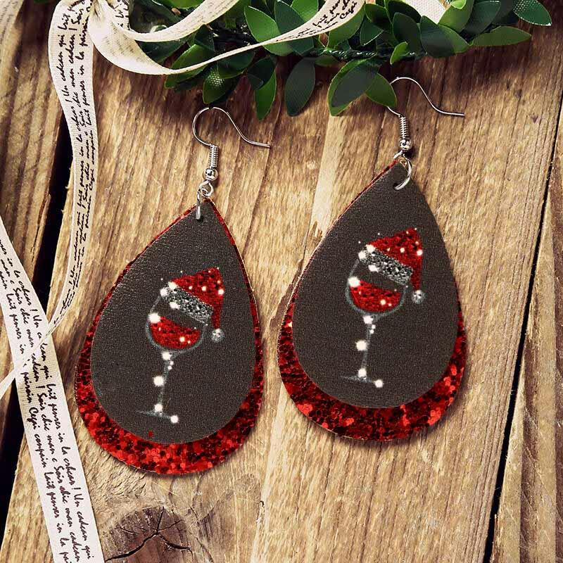 

Earrings Christmas Wine Glass Sequined Water Drop Dual-Layered Earrings in Red. Size