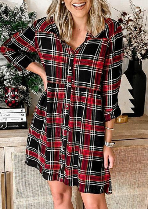 Plaid Button Long Sleeve Mini Dress