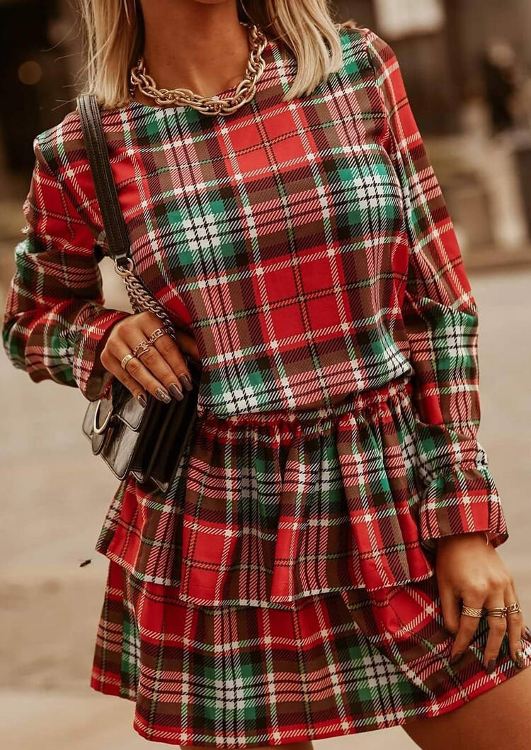Plaid Ruffled Layered Long Sleeve Mini Dress