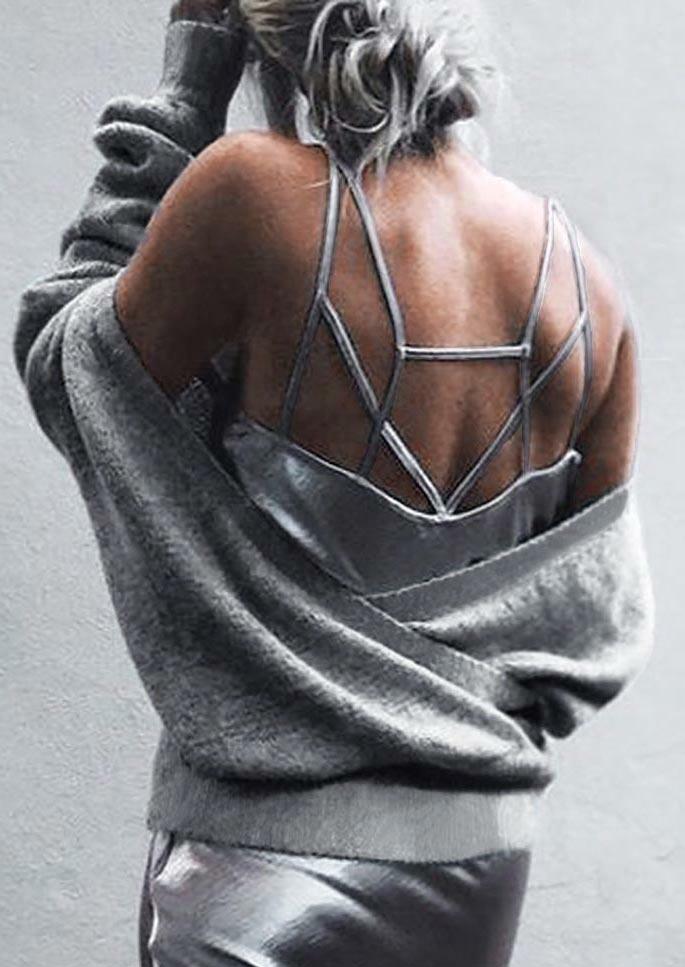 

Sweaters Wrap Deep V-Neck Long Sleeve Sweater in Gray. Size