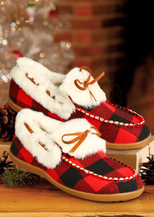 

Sneakers Warm Plush Buffalo Plaid Bowknot Slip On Sneakers in Red. Size