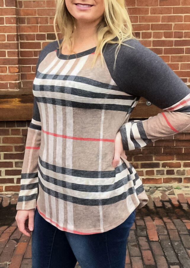 

Blouses Plaid Raglan Sleeve O-Neck Casual Blouse in Plaid. Size: ,M,L