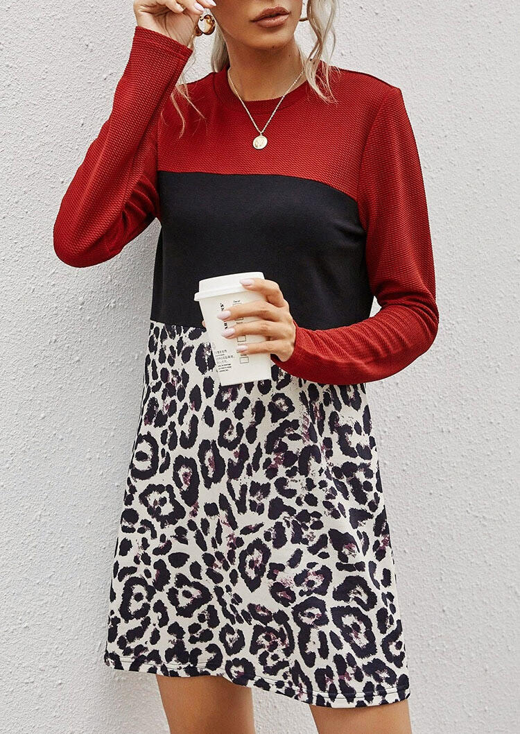 

Mini Dresses Color Block Leopard Splicing Long Sleeve Mini Dress in Multicolor. Size: S,M,,XL
