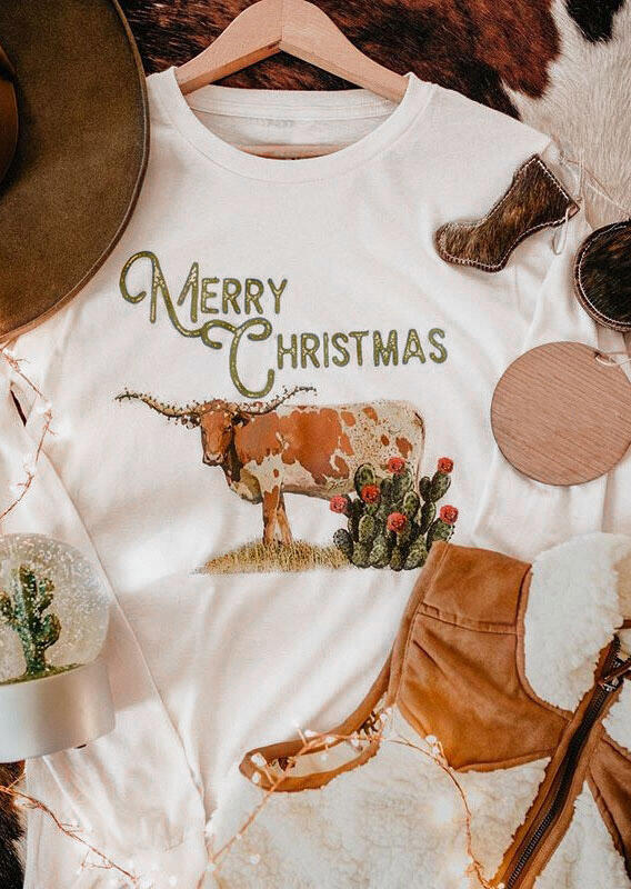 Merry Christmas Longhorn Western Cactus Pullover Sweatshirt - White