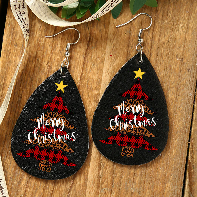 

Earrings Merry Christmas Leopard Plaid Tree Water Drop Earrings in Black. Size