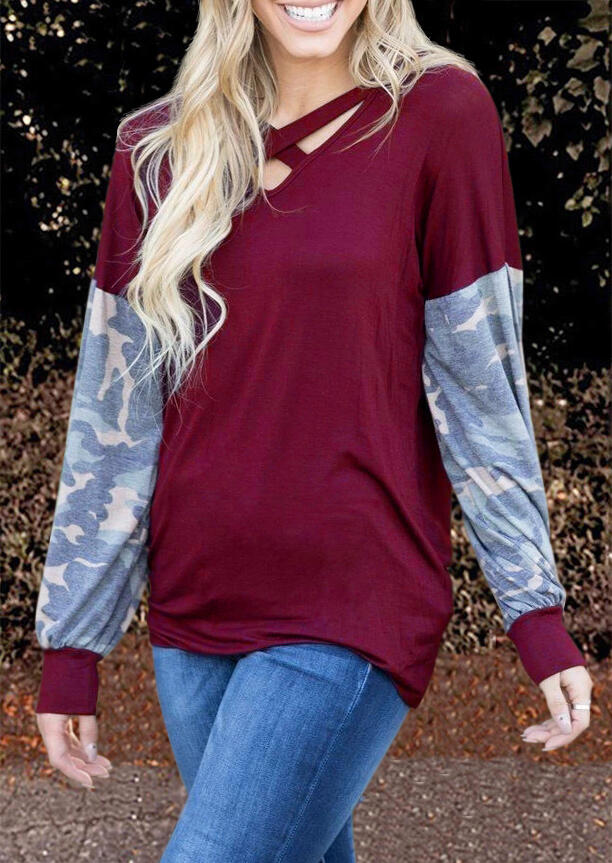 

Blouses Camouflage Splicing Criss-Cross Casual Blouse in Burgundy. Size: ,L