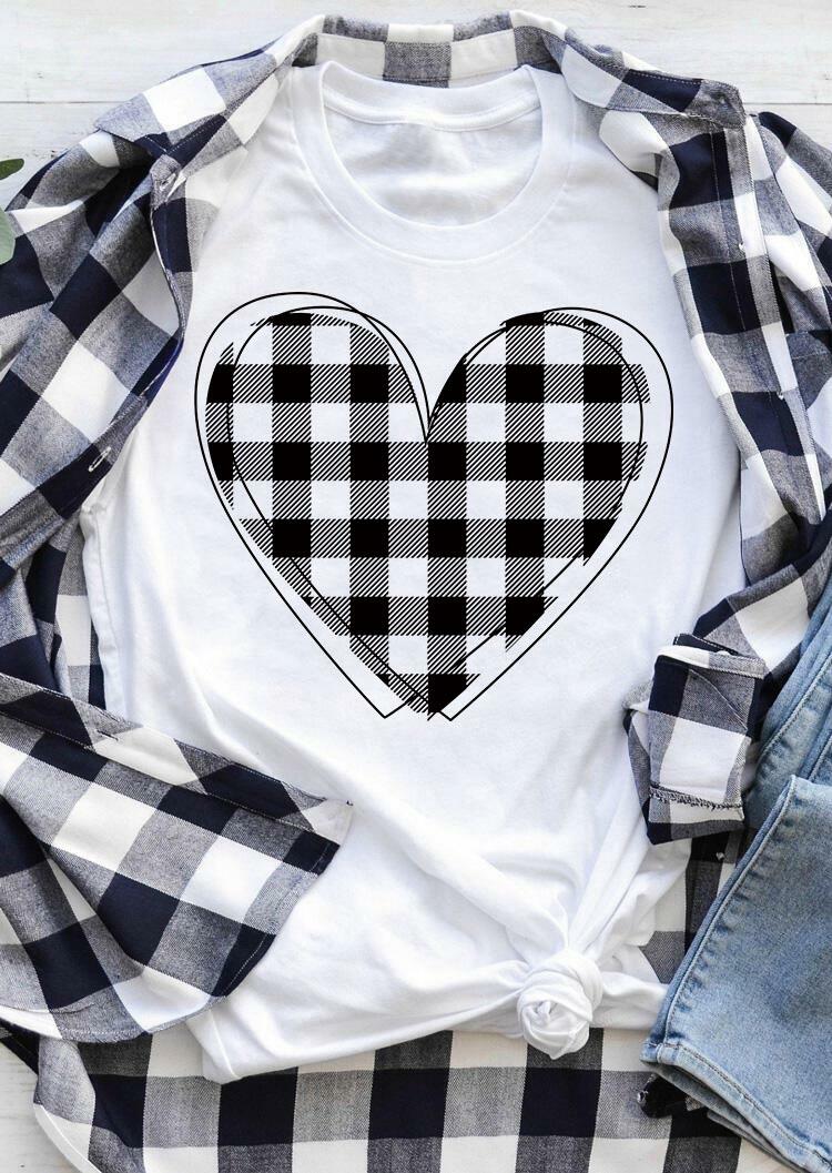 Plaid Love Heart O-Neck T-Shirt Tee - White