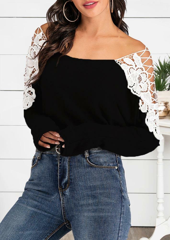 

Blouses Lace Splicing Criss-Cross Long Sleeve Blouse in Black. Size: S,M,,XL