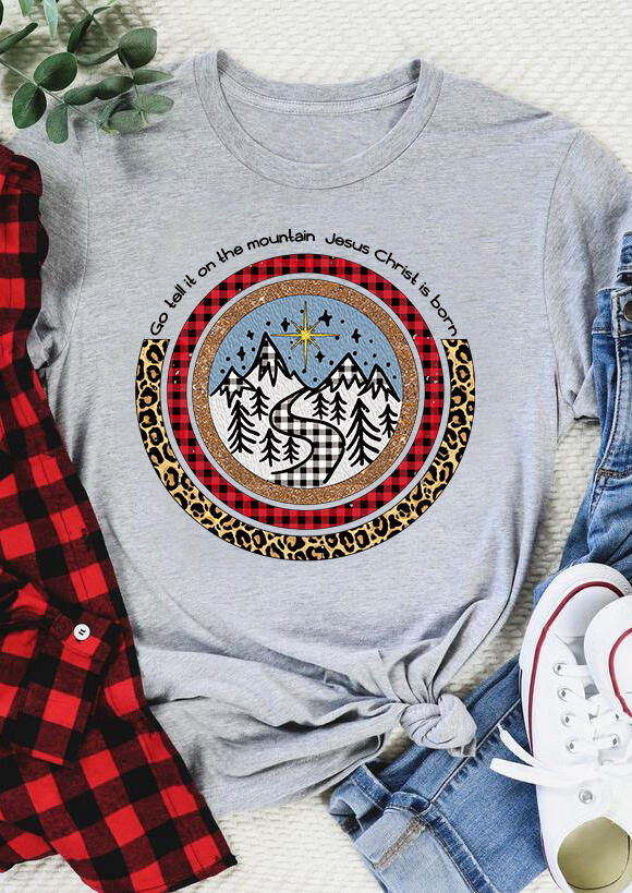 

T-shirts Tees Jesus Christ Is Born Leopard Plaid Sequined T-Shirt Tee in Gray. Size: ,M,L,XL