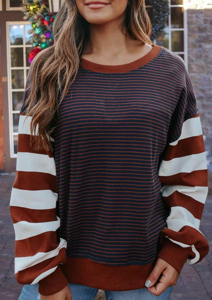 

Sweatshirts Striped Splicing O-Neck Lantern Sleeve Sweatshirt in Multicolor. Size: ,L,XL