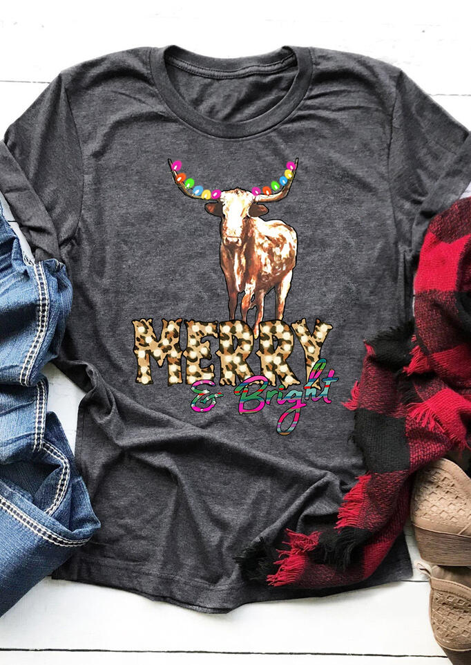 

Tees T-shirts Merry & Bright Longhorn Leopard T-Shirt Tee in Dark Grey. Size