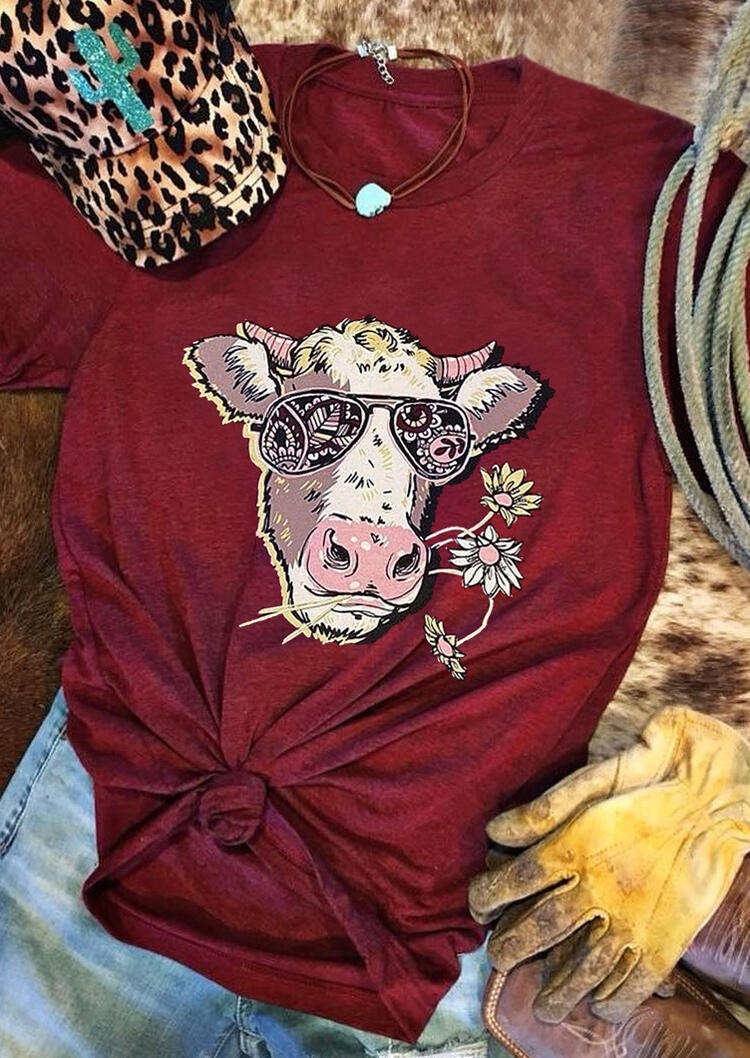 

T-shirts Tees Cattle Floral O-Neck T-Shirt Tee in Burgundy. Size: ,L