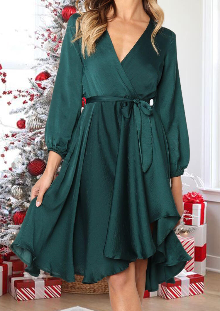 

Casual Dresses Wrap Zipper Long Sleeve V-Neck Casual Dress in Green. Size