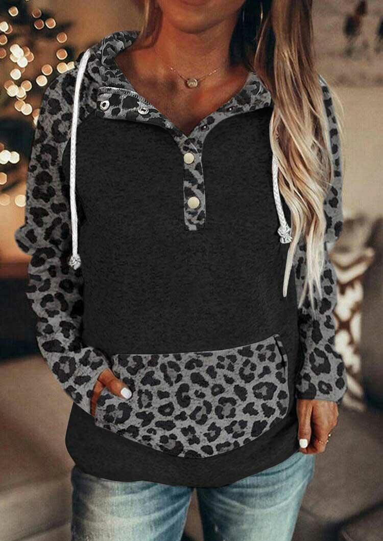 

Hoodies Leopard Kangaroo Pocket Snap Button Drawstring Pullover Hoodie in Black. Size: ,M