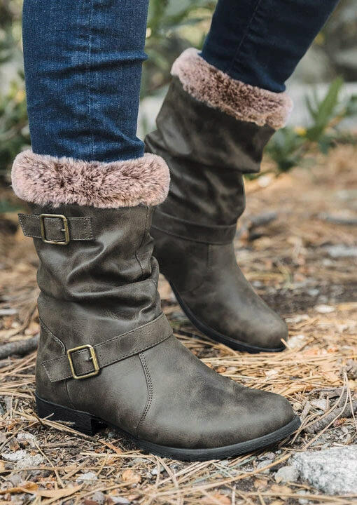 

Boots Buckle Strap Round Toe Plush Warm Boots in Coffee. Size: ,39