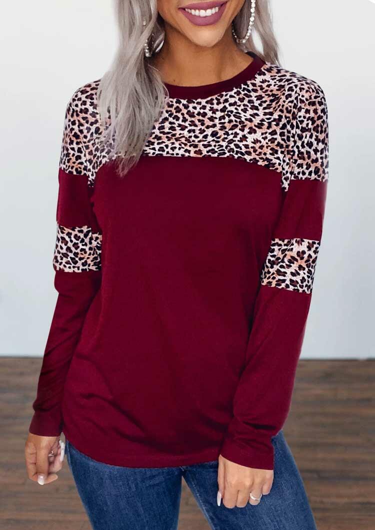 

Blouses Leopard Splicing Long Sleeve Blouse in Burgundy. Size: S,,XL