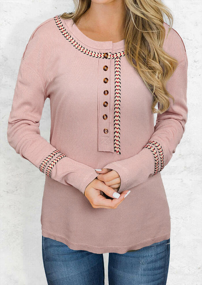 

Blouses Zigzag Button Long Sleeve O-Neck Blouse in Pink. Size