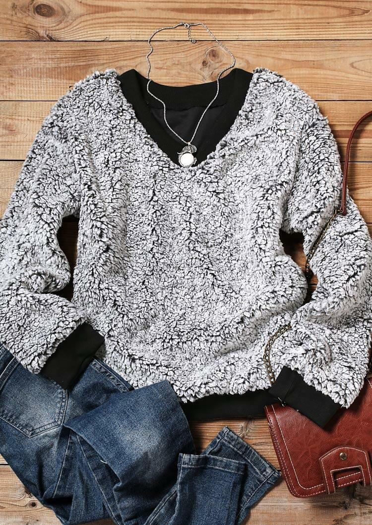 

Sweatshirts Pocket Splicing V-Neck Pullover Plush Sweatshirt in Gray. Size