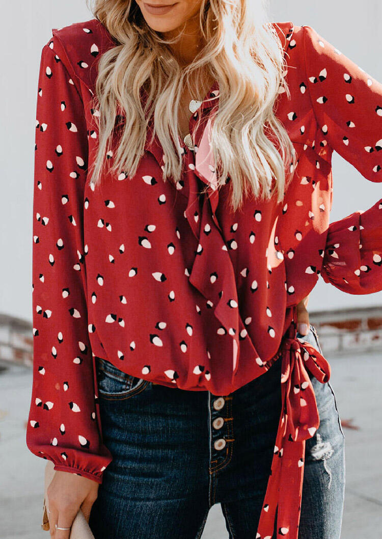 

Blouses Polka Dot Ruffled Tie V-Neck Elastic Cuff Blouse in Red. Size