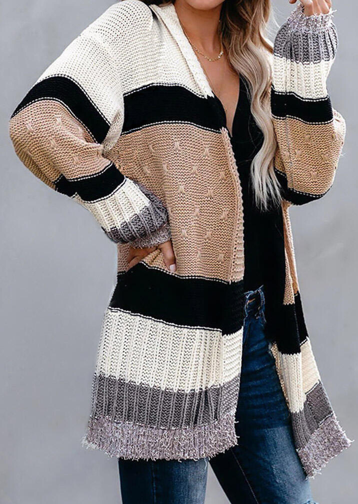 

Cardigans Color Block Long Sleeve Knitted Cardigan in Khaki. Size