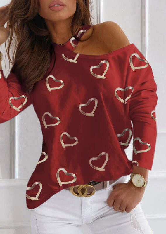 

Blouses Love Heart One-Sided Cold Shoulder Blouse in Burgundy. Size