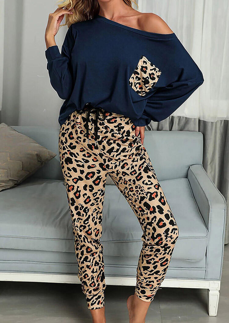 

Two-Piece Sets Leopard Pocket Blouse And Drawstring Pants Two-Piece Set in Navy Blue. Size