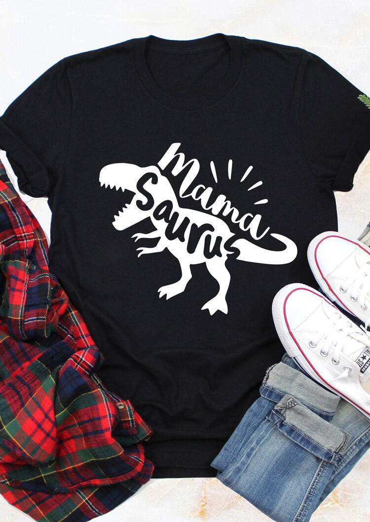 

Mama Saurus Dinosaur O-Neck T-Shirt Tee - Black, 491612