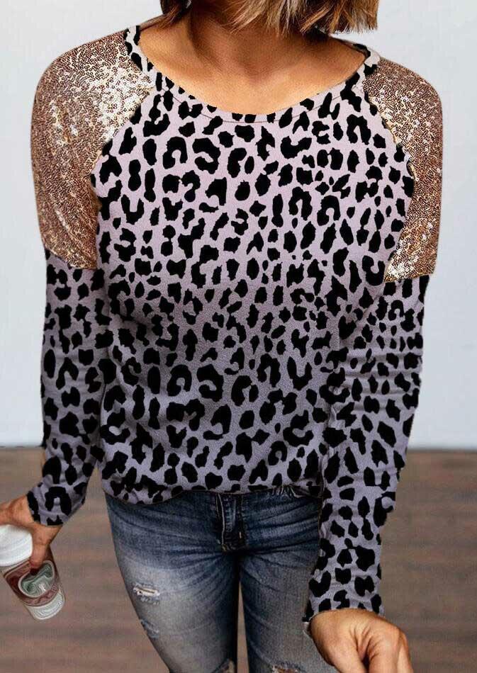 

Blouses Leopard Sequined Splicing Long Sleeve Blouse in Leopard. Size: S,,L