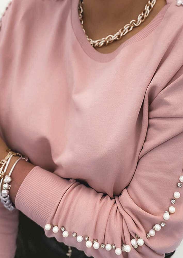 

Sweatshirts Beading O-Neck Drop Shoulder Pullover Sweatshirt in Pink. Size