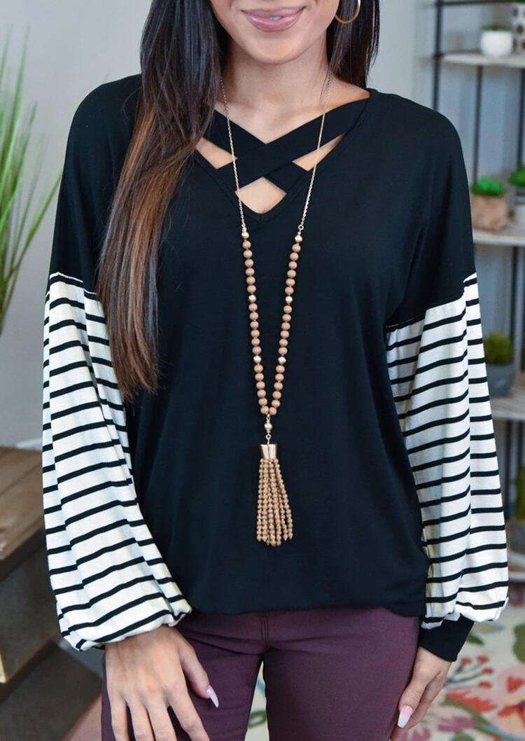 Striped Criss-Cross Lantern Sleeve V-Neck Blouse - Black
