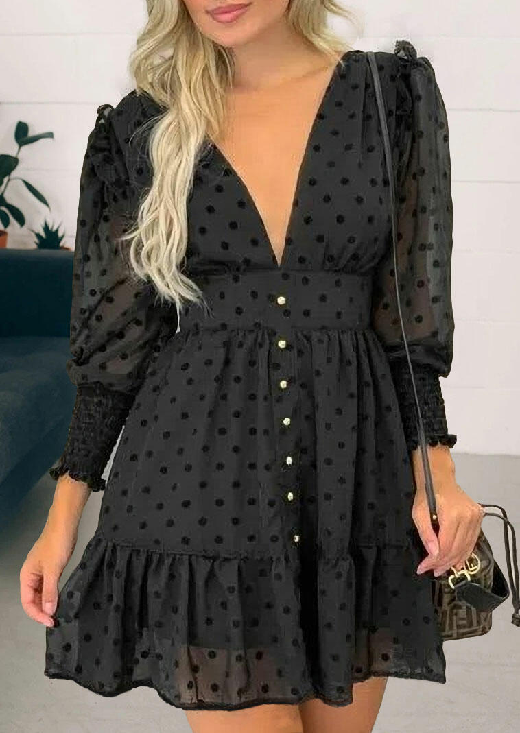 

Mini Dresses Polka Dot Ruffled Button Deep V-Neck Mini Dress in Black. Size: S,M,,XL