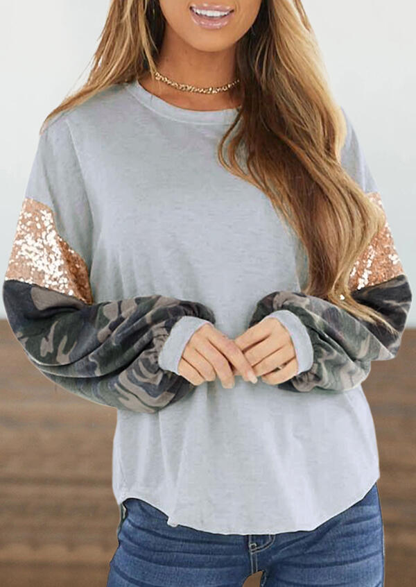 

Blouses Camouflage Sequined Splicing Drop Shoulder Blouse in Gray. Size