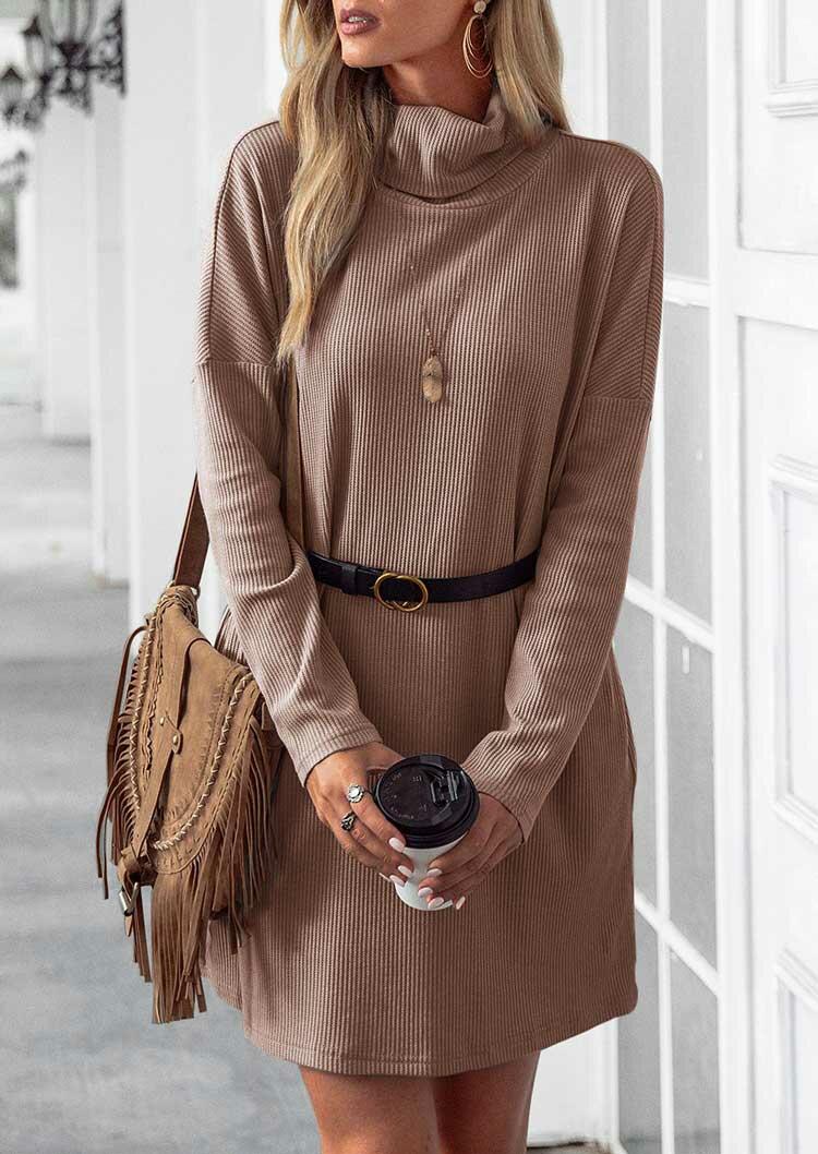 

Mini Dresses Pocket Turtleneck Long Sleeve Mini Dress in Khaki. Size