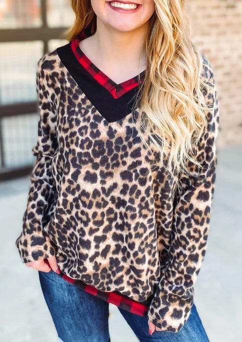 

Blouses Leopard Plaid Splicing Long Sleeve V-Neck Blouse in Leopard. Size: ,M,L