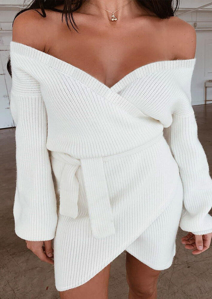 

Mini Dresses Tie Wrap Drop Shoulder V-Neck Knitted Mini Dress in White. Size: S,M,,XL