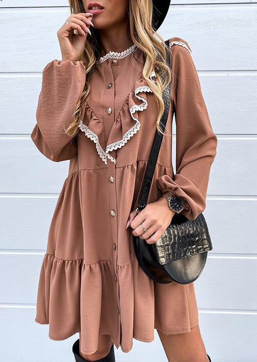 

Mini Dresses Lace Splicing Ruffled Button Elastic Cuff Mini Dress in Khaki. Size: S,M,,XL