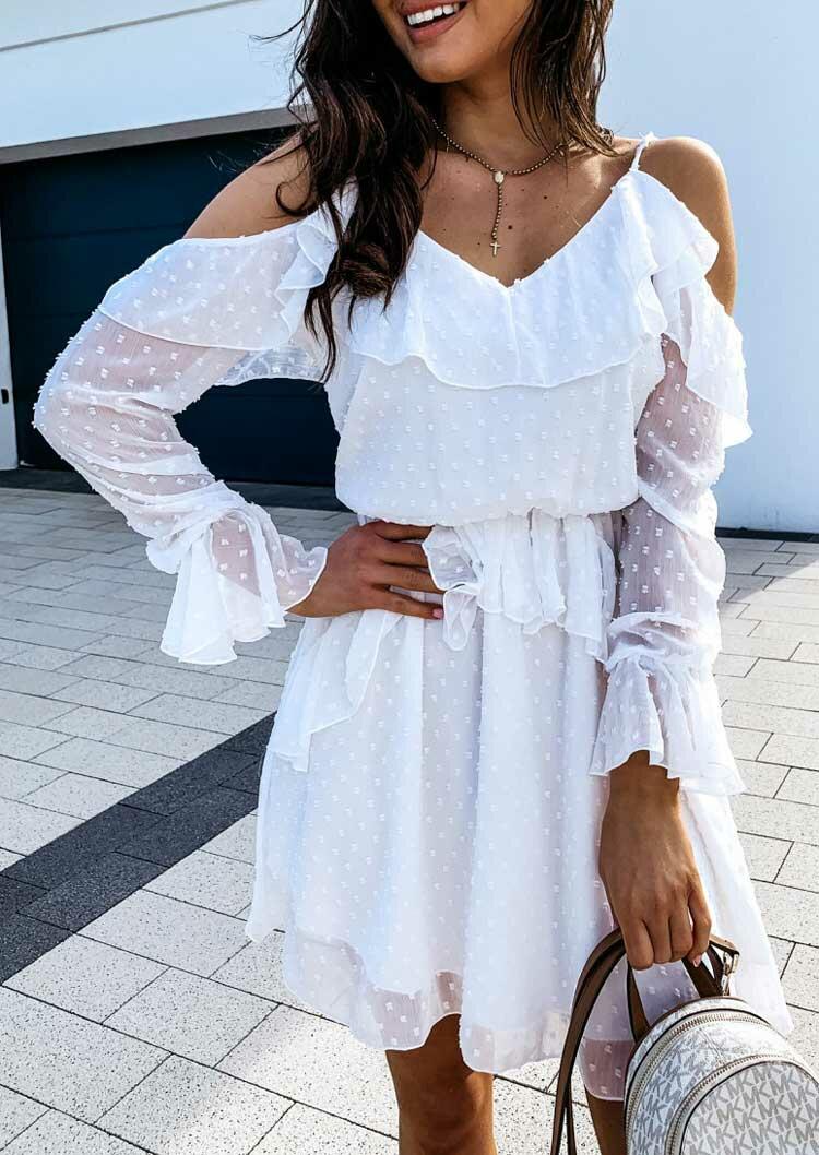 

Mini Dresses Dotted Swiss Cold Shoulder Layered Elastic Waist Mini Dress in White. Size: S,M,,XL