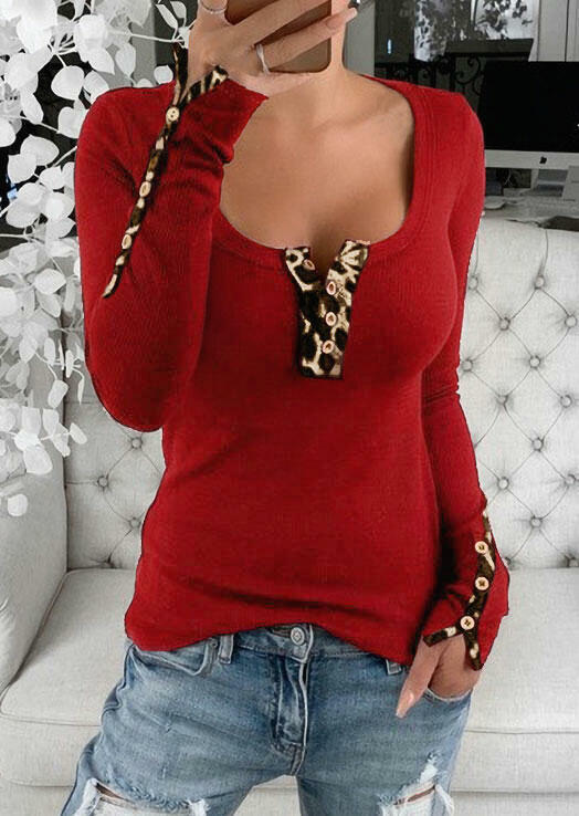

Blouses Leopard Button Splicing Long Sleeve Blouse in Red. Size