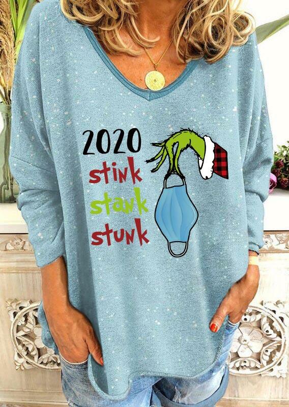 

Blouses Christmas 2020 Stink Stank Stunk Grinch Hand Blouse in Light Blue. Size: ,M,L