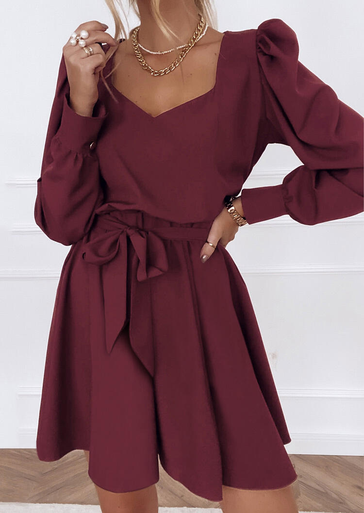 

Mini Dresses Puff Sleeve V-Neck Casual Mini Dress in Burgundy. Size: ,M,L