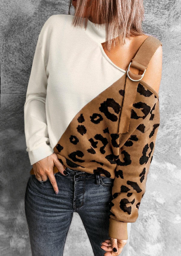 

Blouses Leopard One Sided Cold Shoulder Halter Blouse in White. Size