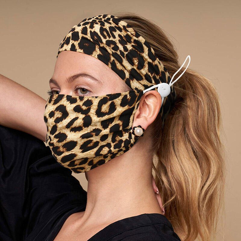 

Hair Accessories 2Pcs Button Leopard Wide Headband And Mouth Shield Set in Leopard. Size